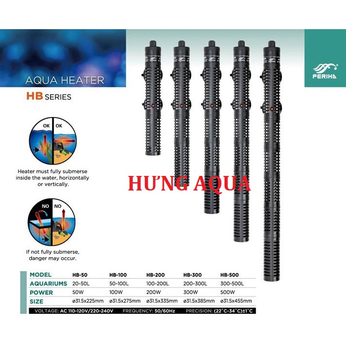 Sưởi bể cá, sưởi hồ cá, máy sưởi bể cá PERIHA HB HE 50/100/200/300/500 cao cấp, sưởi chống bỏng cho bể 20 - 500 lít