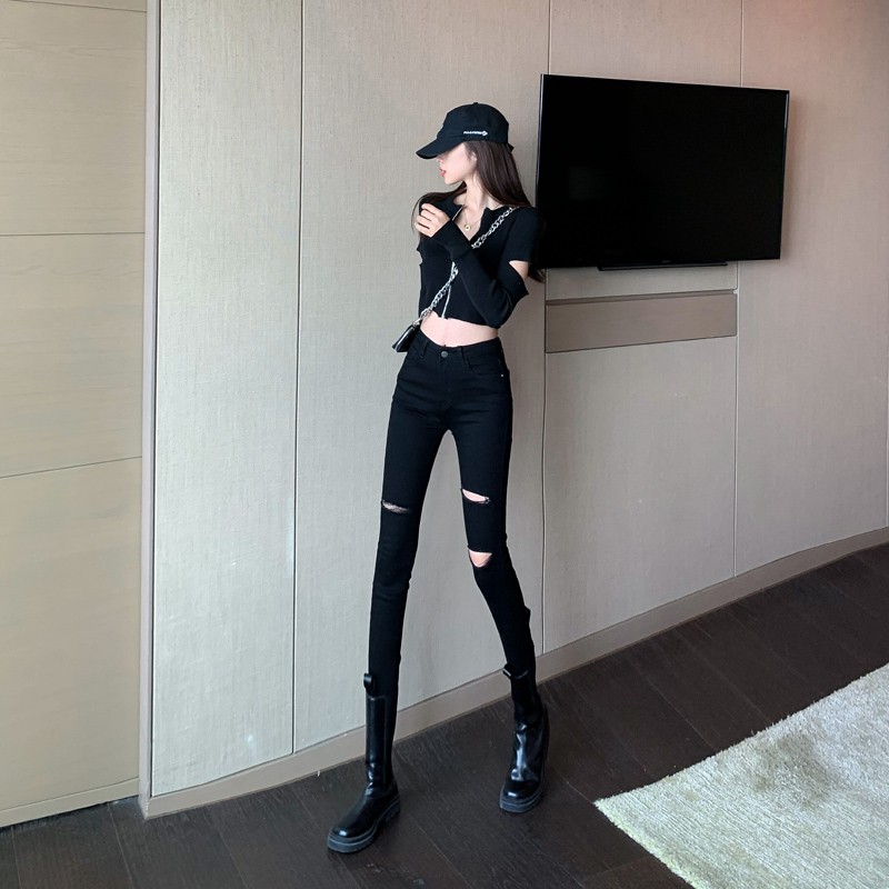 QUẦN SKINNY JEAN NỮ GIÃN DÀI LƯNG CAO RÁCH SỌC ĐÙI PHẢI 2 SỌC ĐÙI TRÁI MÀU ĐEN CAO CẤP NITI2 ĐỦ SIZE CHẤT BÒ GIÃN HOT