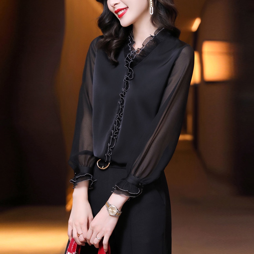 Áosơ mi tay dài màu đen phong cách phương tây thời trang xuân thu cho nữ 2021