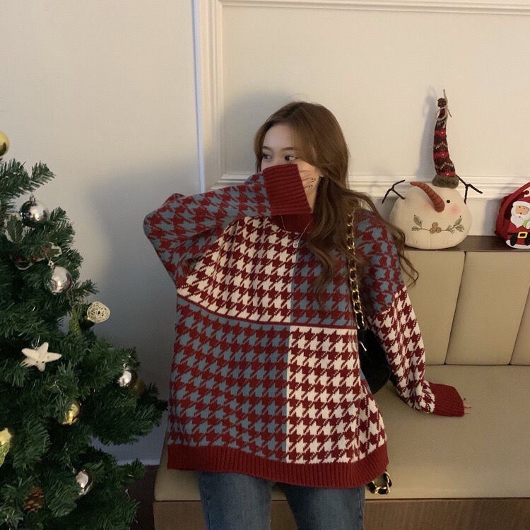 Áo sweater dệt kim dáng rộng họa tiết sọc caro thời trang Hàn Quốc