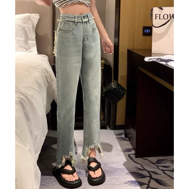 Quần Jean Rách Lưng Cao Ống Đứng Thời Trang Cho Nữ