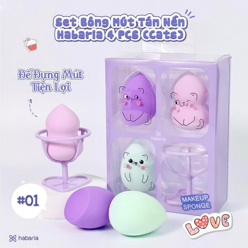 Set Bông Mút Habaria Tán Nền Makeup Sponge Cats Fall In Love 4 Món Có Giá Đở