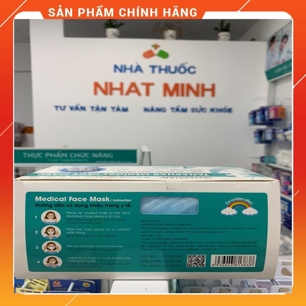 Khẩu Trang Y Tế TANAPHAR 4 Lớp Kháng Khuẩn Cao Cấp, Hộp 50 Chiếc Màu Xanh