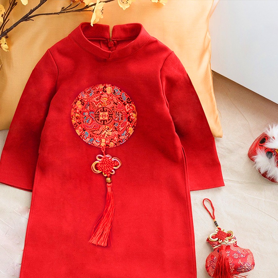 Áo dài cách tân bé trai chất tex nhung đỏ trước ngực KUBIN STORE