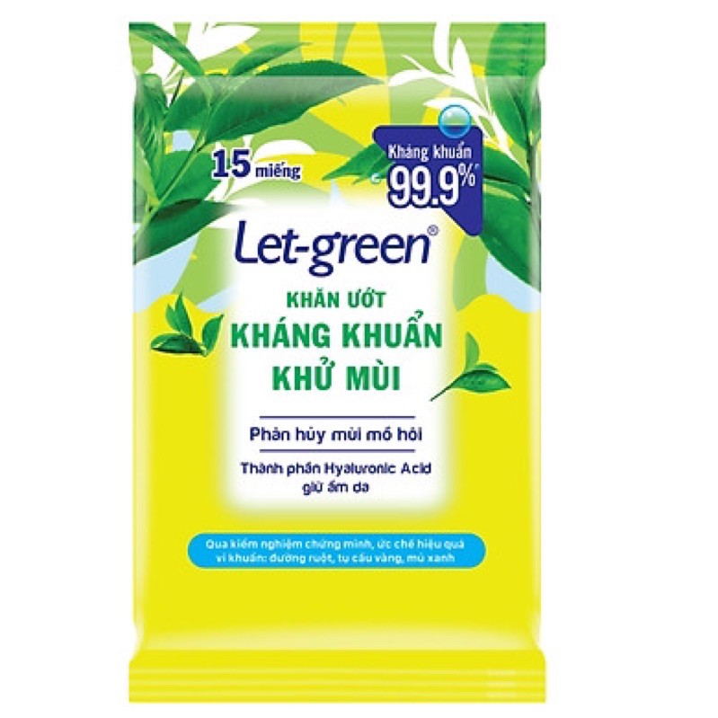 [15 TỜ] GÓI KHĂN ƯỚT KHÁNG KHUẨN-KHỬ MÙI LET-GREEN 15 MIẾNG/GÓI