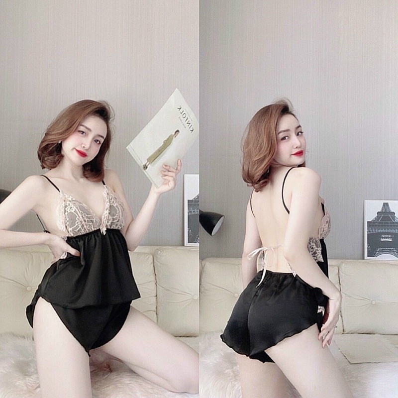 Bộ ngủ hai dây lụa satin phối ren có mút cao cấp