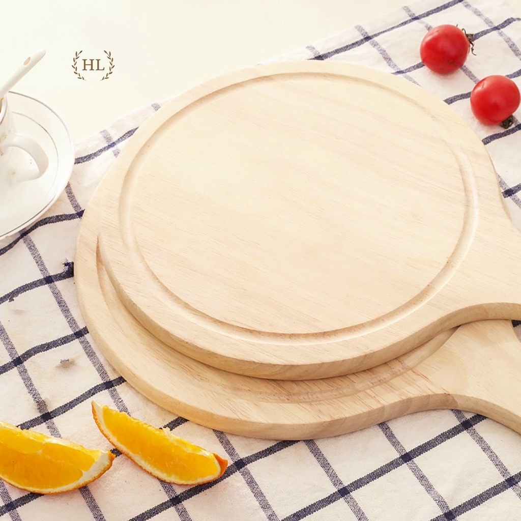 Khay gỗ tròn có tay cầm, thớt gỗ đựng bánh pizza, món ăn