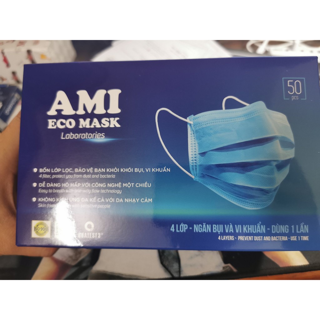 [CHÍNH HÃNG] Khẩu Trang Y Tế AMI MẦU XANH Hộp 50 chiếc - 4 lớp kháng khuẩn . Có Giấy Kiểm Định Của Bộ Y Tế .