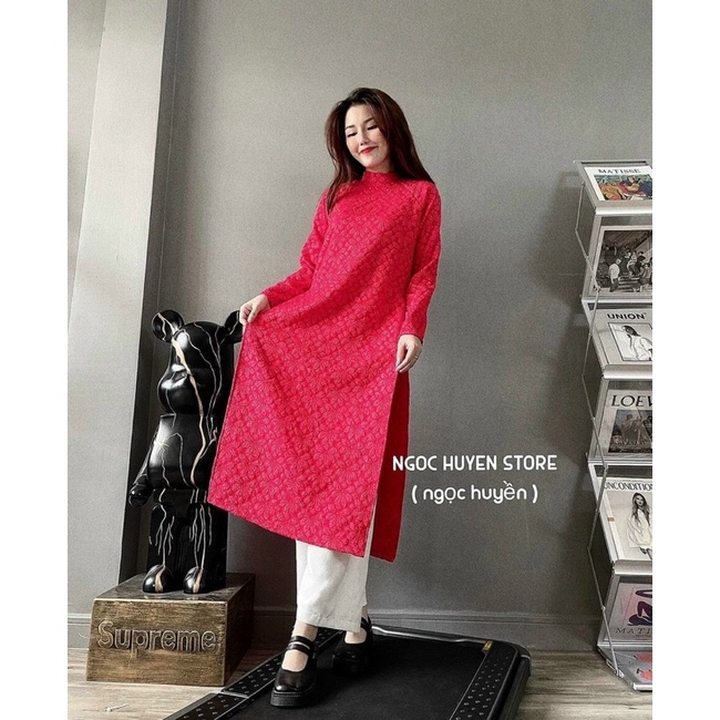 SET áo dài đỏ vải gấm nổi thắt nơ sau + quần lụa trắng eo chun sau - 22.Lystore