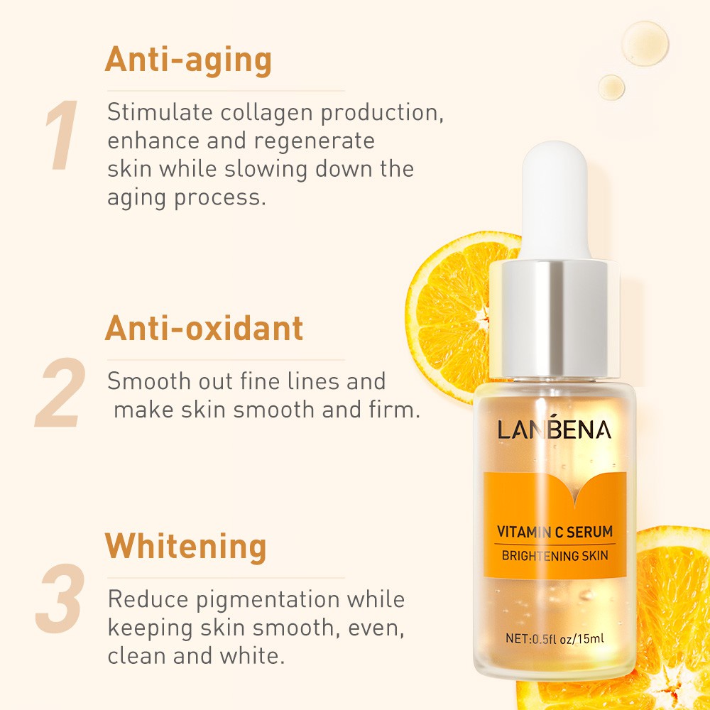 Serum LANBENA Vitamin C trắng da Axit Hyaluronic giảm mụn se khít lỗ chân lông tinh chất vàng 24K chống lão hóa 15ml