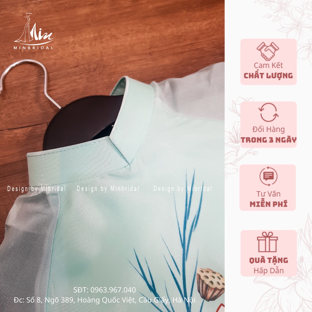 Áo dài tết màu xanh nhạt, 4 tà cổ vuông 2cm chất liệu voan tơ óng in hoa văn | BigBuy360 - bigbuy360.vn