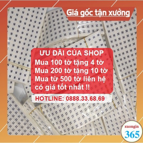 Tem size dán quần áo ( 126 Miếng ) - Decal Size XS, S, M, L, XL.. dán quần áo (Quà Tặng khi mua 100 tờ)