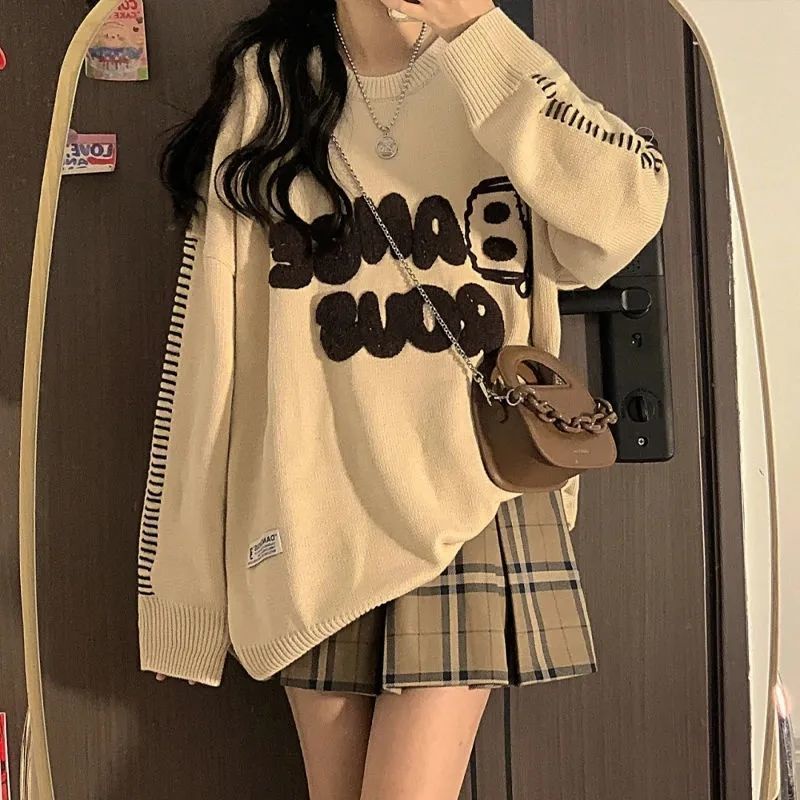 Bộ Áo Sweater Cổ Tròn Kèm Chân Váy Lưng Cao 155cm Thời Trang Thu Đông Hàn Quốc Cho Nữ