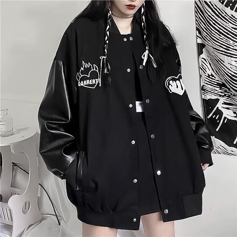 [Có Ảnh Thật] Áo Bomber Nỉ Phối Tay Da Hình Trái Tim Lar, Áo Khoác Nỉ Nam Nữ Form Rộng Anne Boutique Mã 721