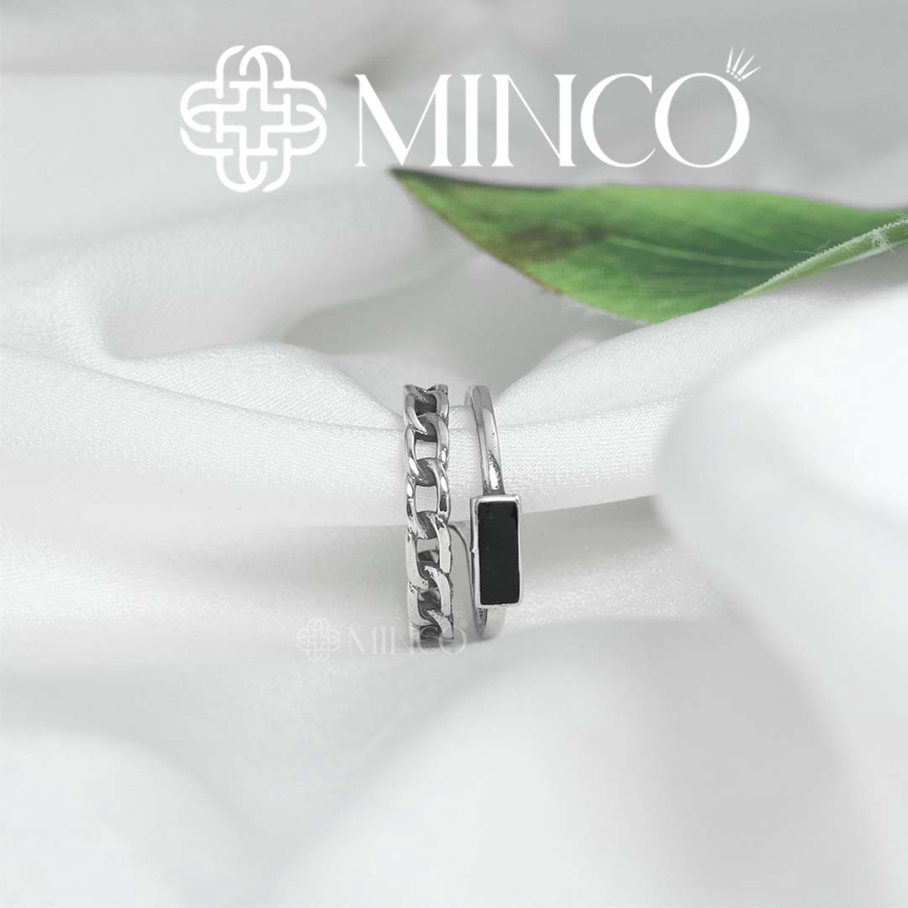 Nhẫn nữ chain Minco Accessories thiết kế free size đính đá đen hình vuông phối xích phong cách cá tính NT102-3