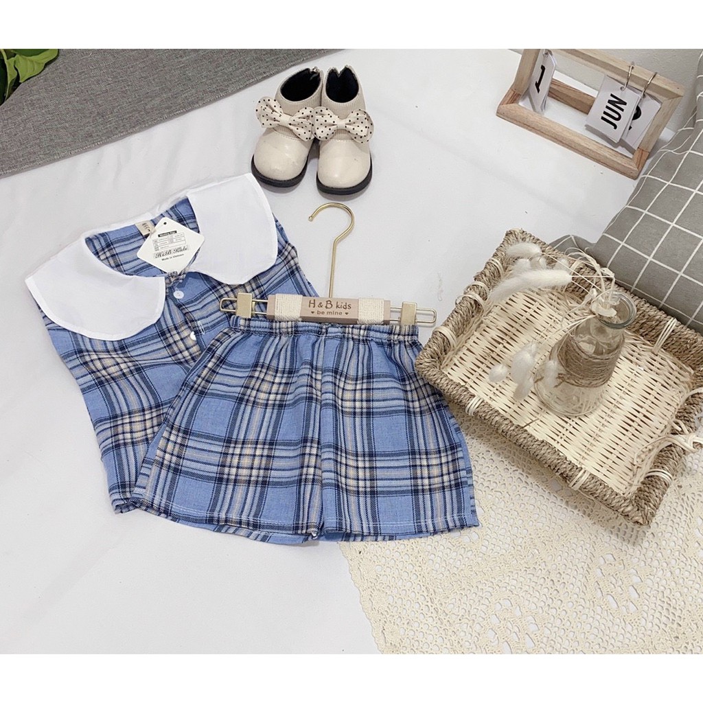 Bộ bé gái hè - Bộ kẻ xanh cổ cánh sen Mimo Baby