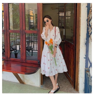 [MM] Váy dài vải lanh thêu cherry