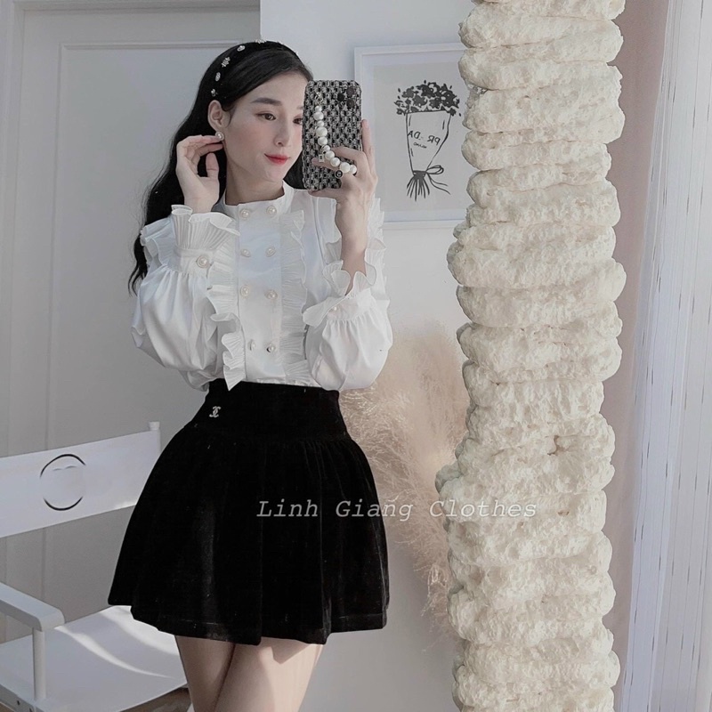 Áo sơ mi thô mềm bèo dập ly  2 hàng khuy ngọc