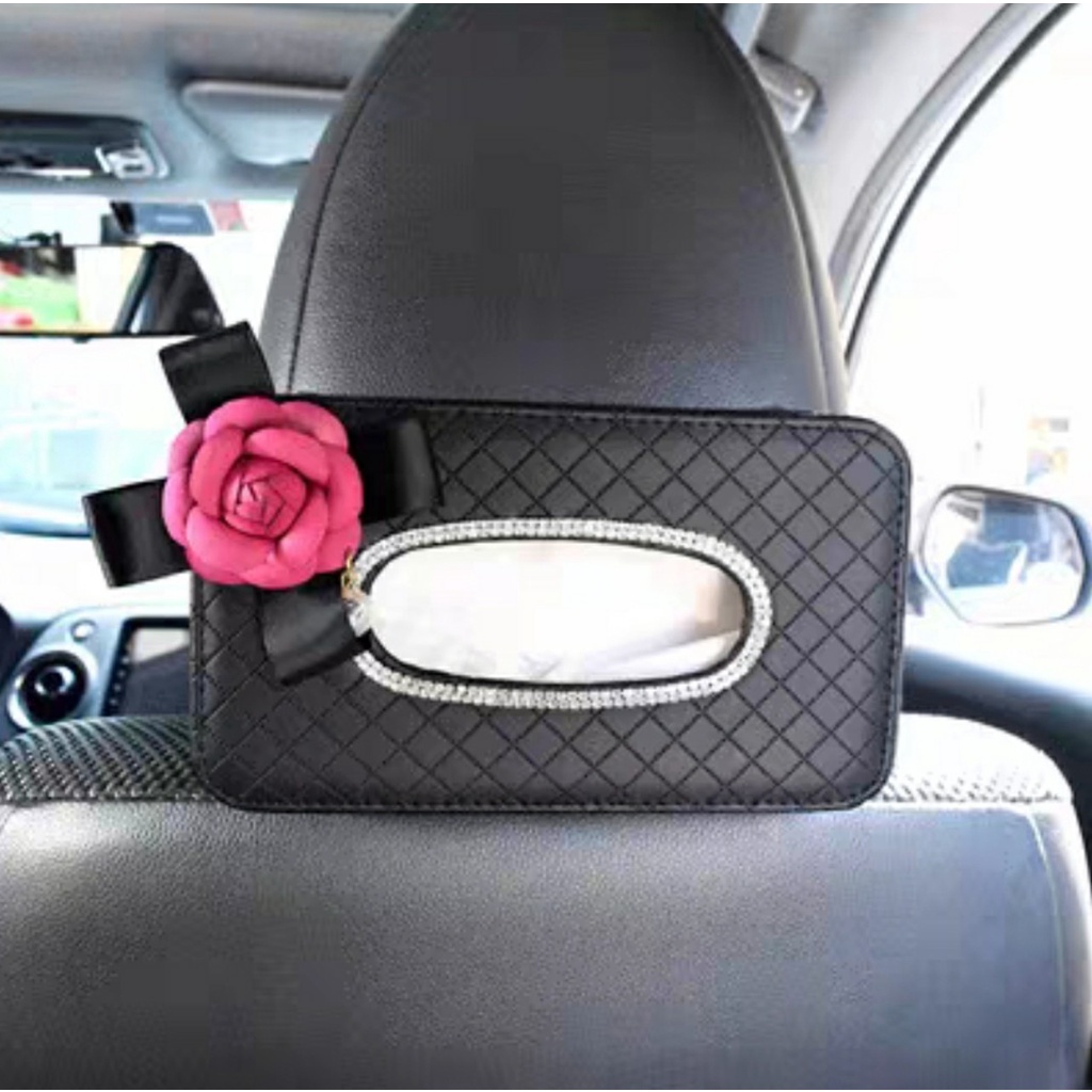 Hộp giấy đính đá hoa trà để taplo, Treo sau ghế ô tô thanh lịch quý phái