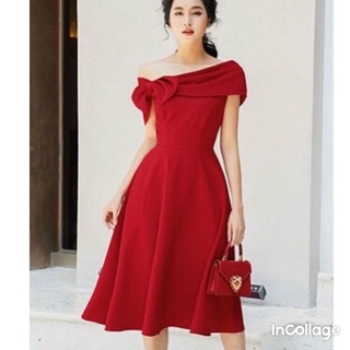 Đầm xoè lệch vai nơ cao cấp kèm ảnh thật tặng kèm hoa tai thời trang