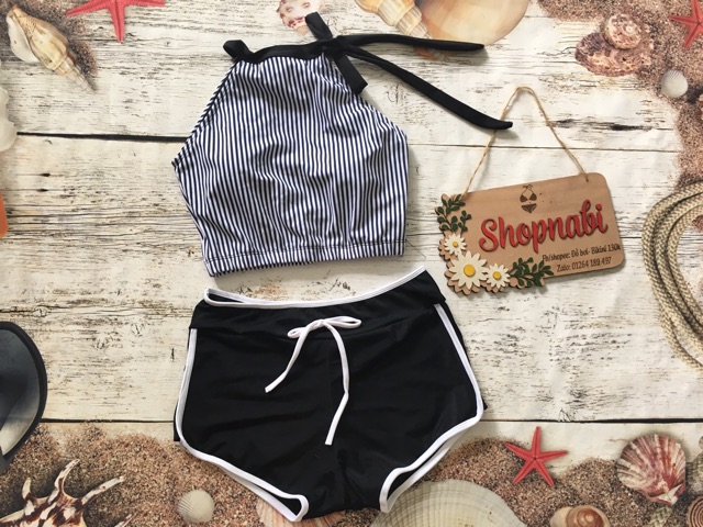 Đồ bơi bikini áo sọc cột nơ cổ
