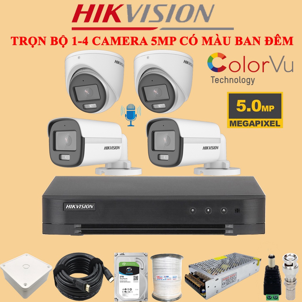 Trọn bộ camera 5MP Hikvision có màu ban đêm 1440P full phụ kiện lắp đặt bảo hành 24 tháng