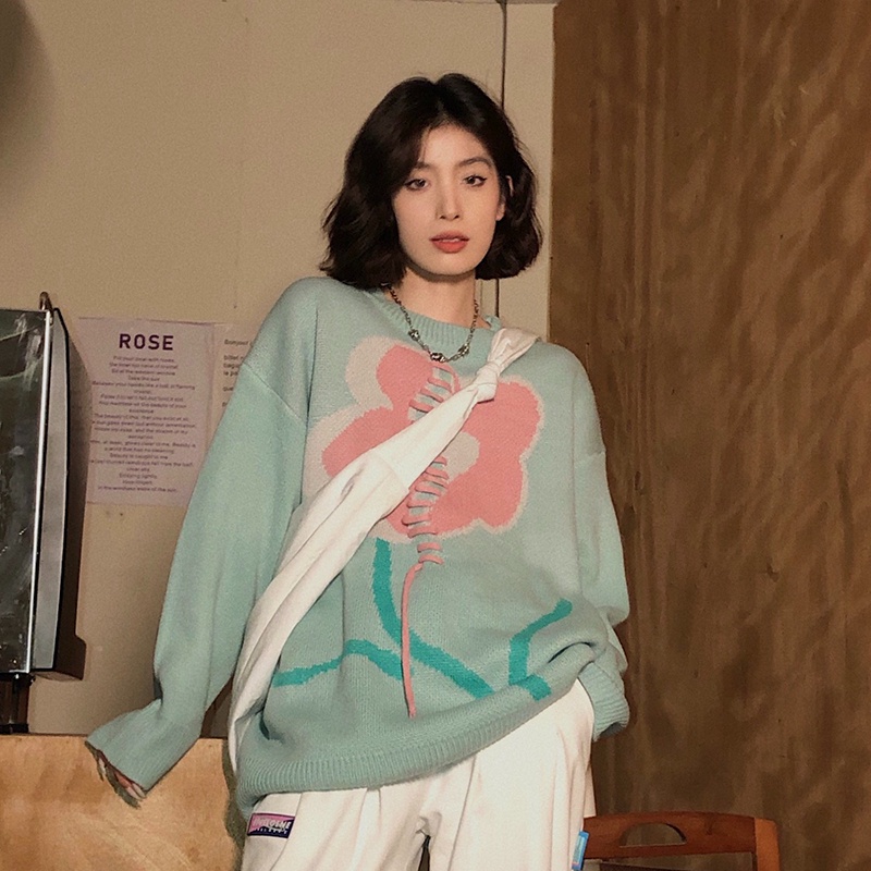 ZHELIHANGFEI Áo Sweater Tay Dài Dáng Rộng In Hoa Xinh Xắn Hợp Thời Trang