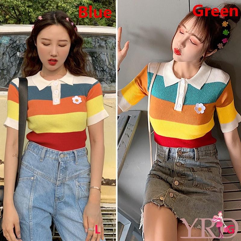 Áo thun polo nữ kẻ sọc cổ bẻ màu sắc ngọt ngào | BigBuy360 - bigbuy360.vn