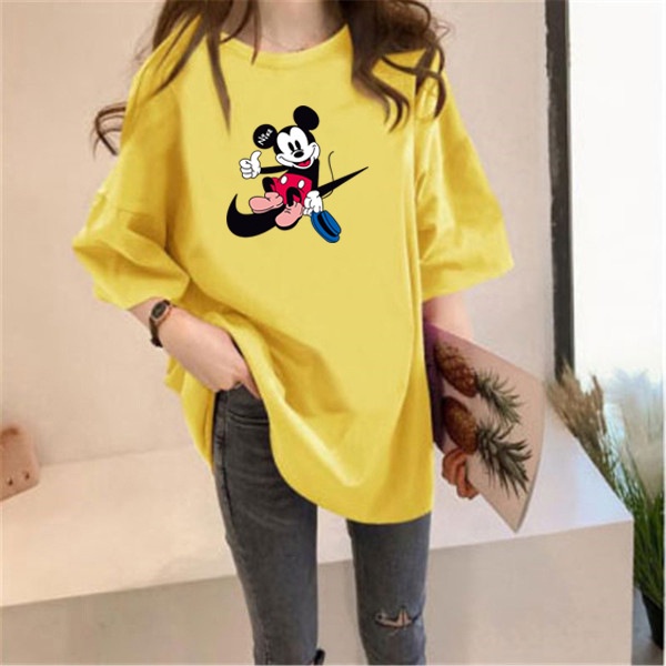 Mới Đầm Thun Mùa Hè Tay Ngắn Dáng Rộng In Hình Chuột Mickey Có Size Lớn 2021 Cho Nữ