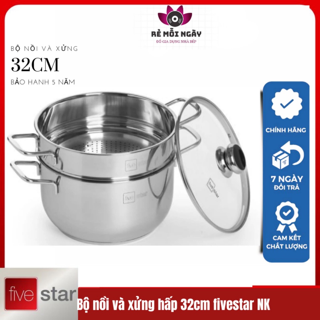 Bộ Nồi Xửng Hấp Inox 3 Đáy Fivestar 32cm 18 Lít Nắp kiếng HÀNG CHÍNH HÃNG BẢO HANH 5 NĂM