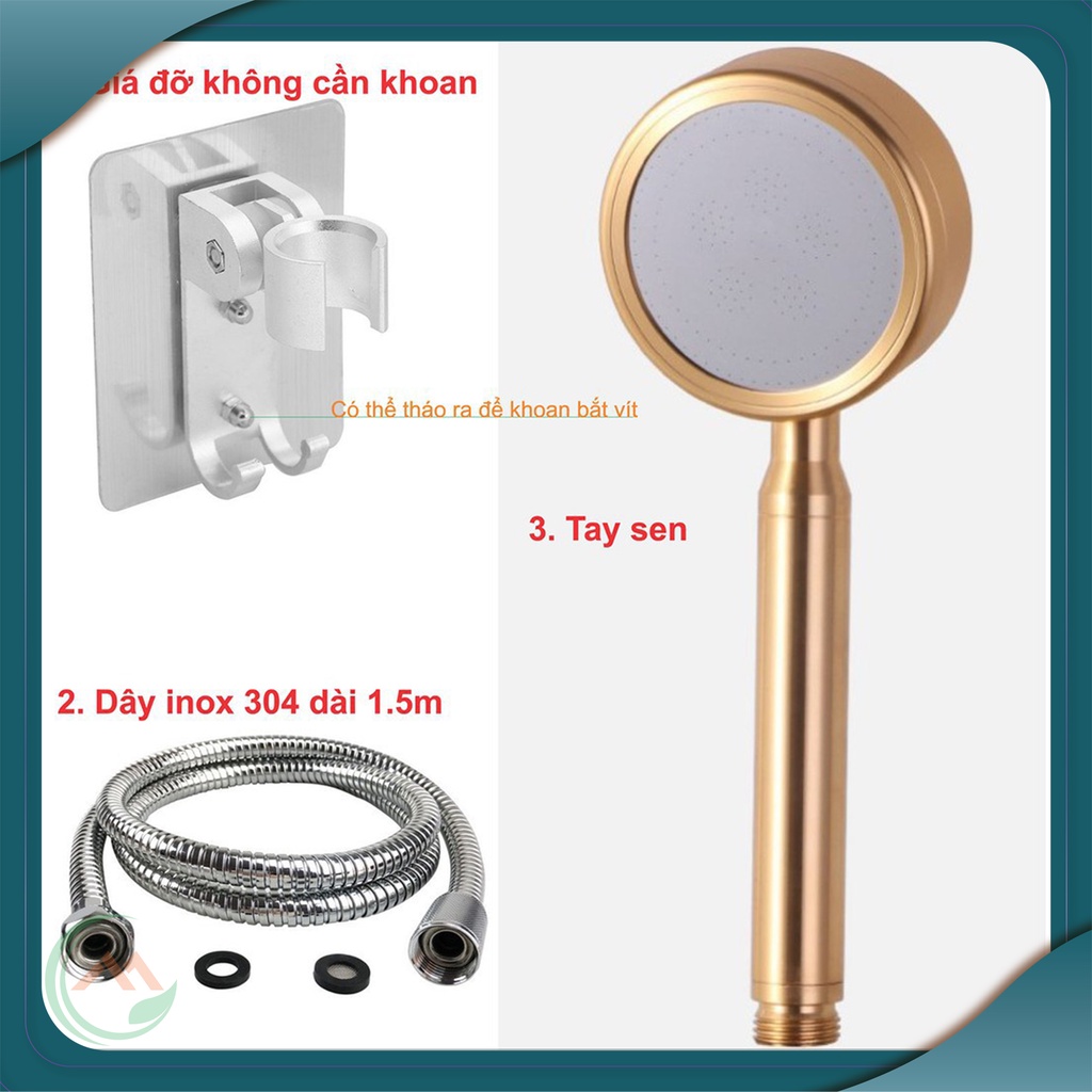 Bộ vòi hoa sen tăng áp 400% áp lực nước nhôm đúc màu Vàng Đồng sang trọng ( cài nhôm dán) - VS0010