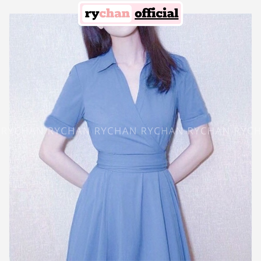 Đầm Thiết Kế Nữ Công Sở Form Dài Cổ Bẻ Thắt Eo Thanh Lịch Nhẹ Nhàng Màu Xanh  - DX9917