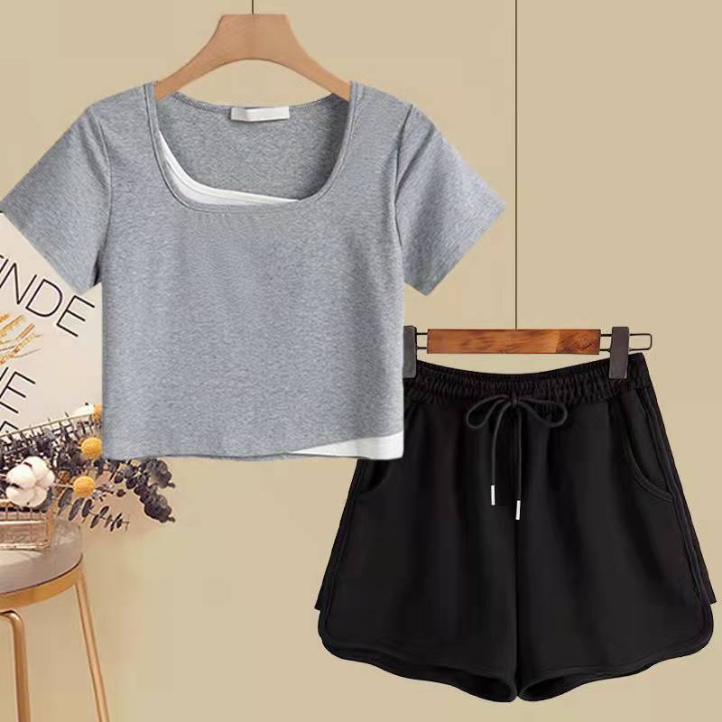 Single / suit contains cotton fake two-piece short-sleeved T-shirt women's summer new leisure sports shorts women's outer wear fashion two-piece suit