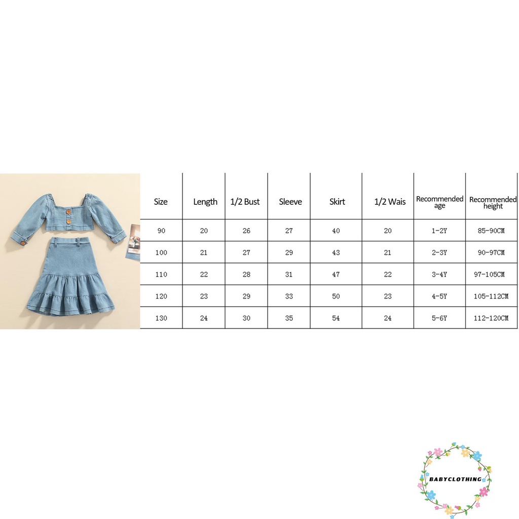 Set trang phục 2 món gồm áo croptop tay phồng cài nút + chân váy jean cho bé gái đi dạo