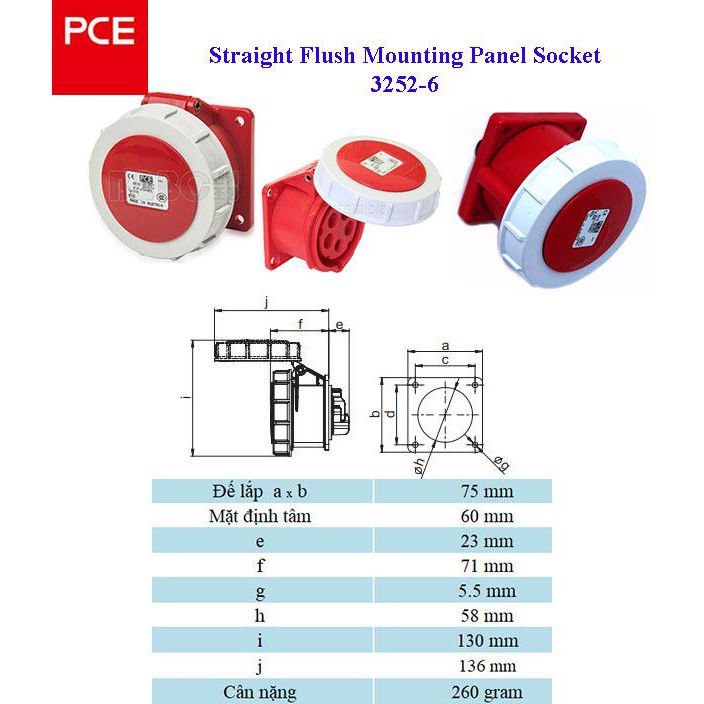 Ổ cắm gắn âm dạng thẳng 32A 5P 400V 6H IP67 3252-6 Hãng PCE (Úc)