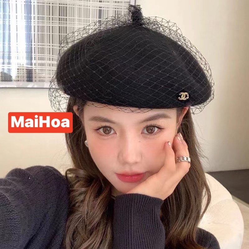 Mũ nồi dạ phối lưới gắn chữ x cho nữ