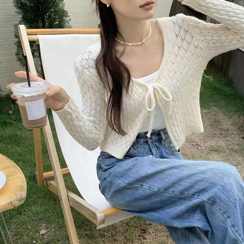 Áo Khoác Cardigan Dệt Kim Tay Dài Thắt Cà Vạt Trước Dễ Phối Đồ Thời Trang Cho Bạn Gái
