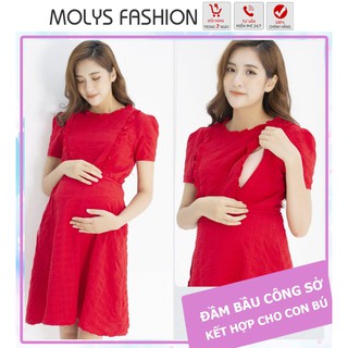 Đầm bầu kết hợp cho con bú Molys M2174 vải đũi lụa