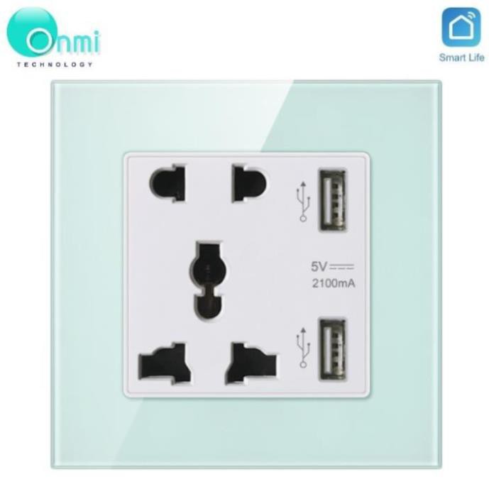 Ổ cắm điện đôi 3 chấu hình vuông kết hợp 2 USB âm tường 5V 2100mA kích thước 85x85 mm