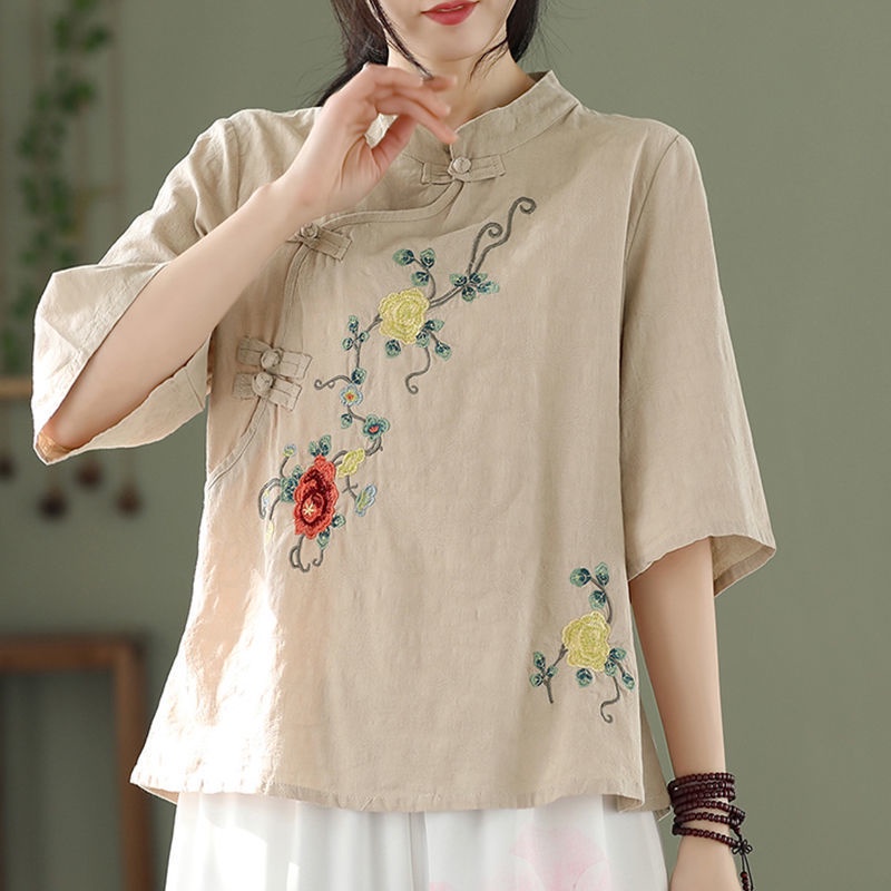 Áo Sơ Mi Vải Lanh cotton Cỡ Lớn Cổ Đứng Cài Nút Thêu Họa Tiết Kiểu Dân Tộc Trung Hoa Thời Trang Xuân Hè 2022