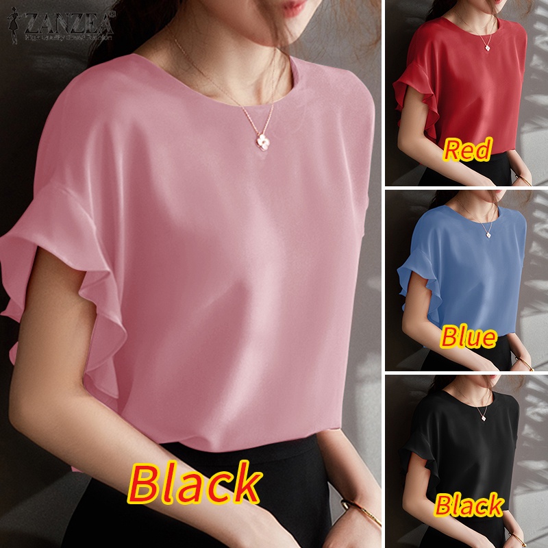 ZANZEA Áo Kiểu Tay Ngắn Cổ Tròn Màu Trơn Dáng Rộng Thời Trang Cho Nữ