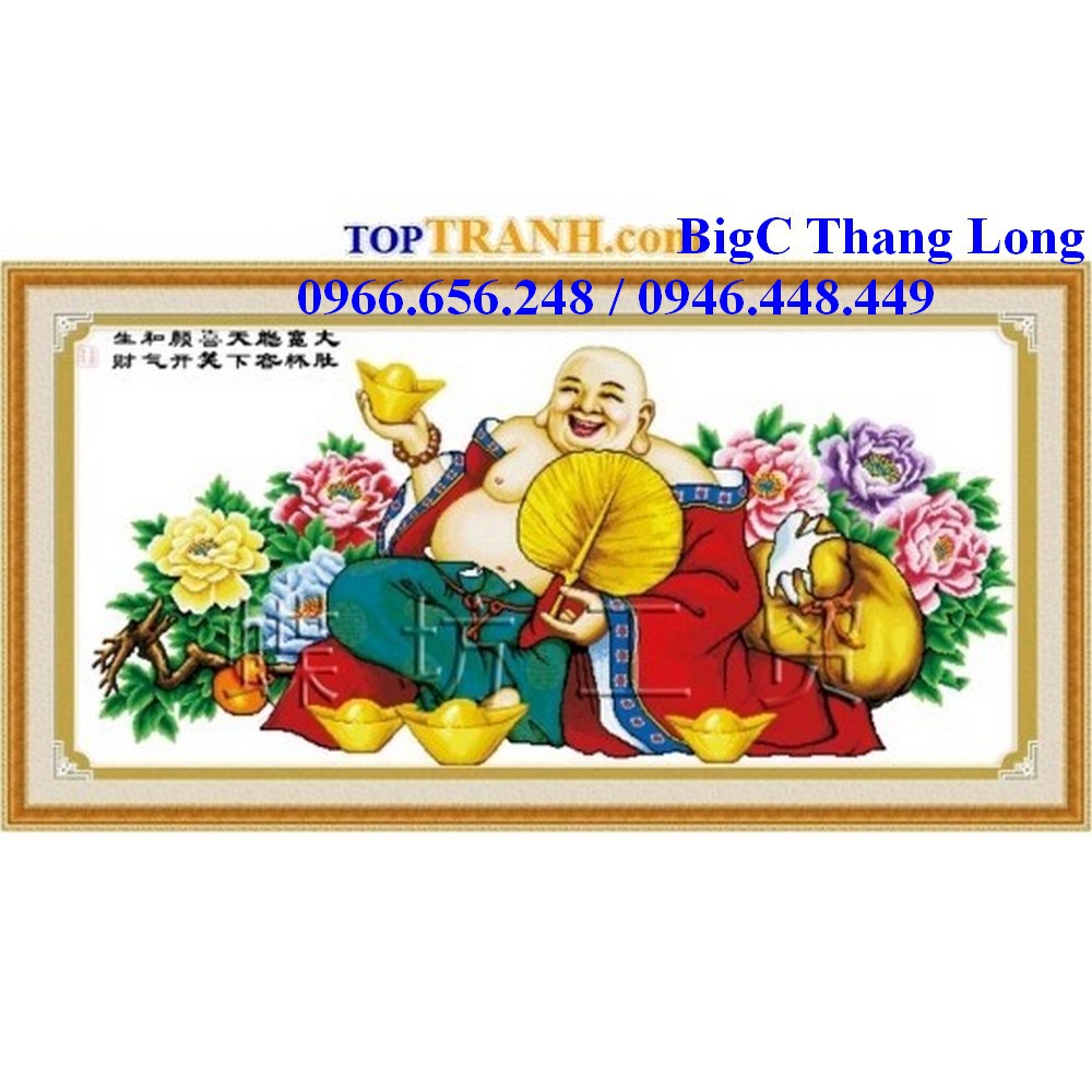 Tranh thêu chữ thập Phật Di Lặc thần tài và hoa mẫu đơn A817 chưa thêu