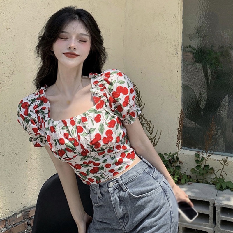 Áo sơ mi kiểu ngắn tay phồng cổ vuông hở lưng họa tiết quả cherry thời trang mùa hè cho nữ