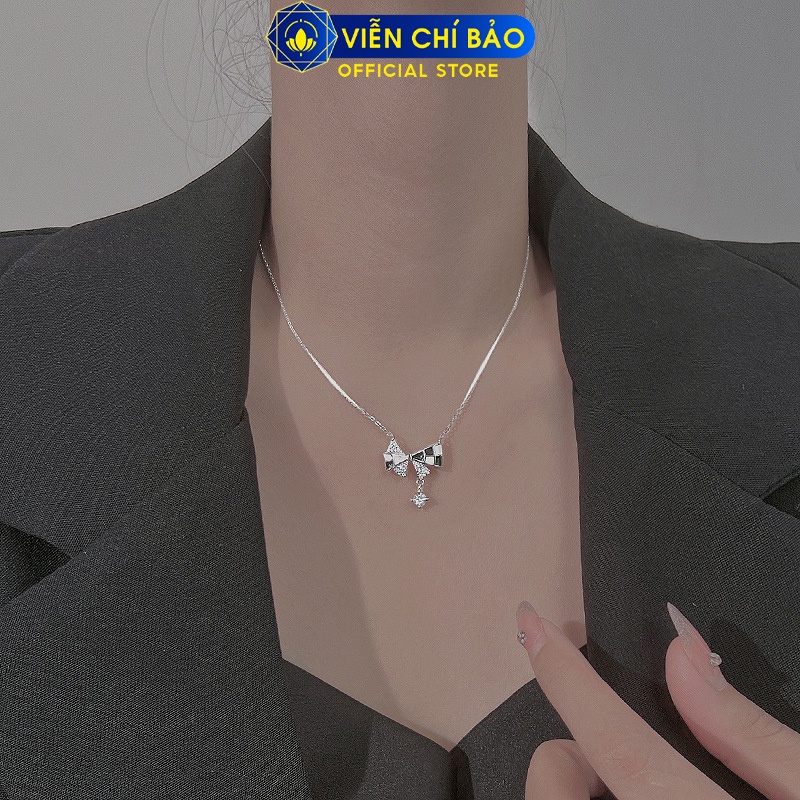 Dây chuyền nơ caro đính đá chất liệu bạc Thái 925 thời trang phụ kiện trang sức Viễn Chí Bảo D000089