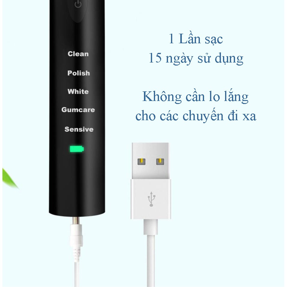 Bàn chải điện tự động đánh răng với 5 cấp độ - Không thấm nước dễ dàng vệ sinh răng miệng - Tặng kèm 4 đầu chải