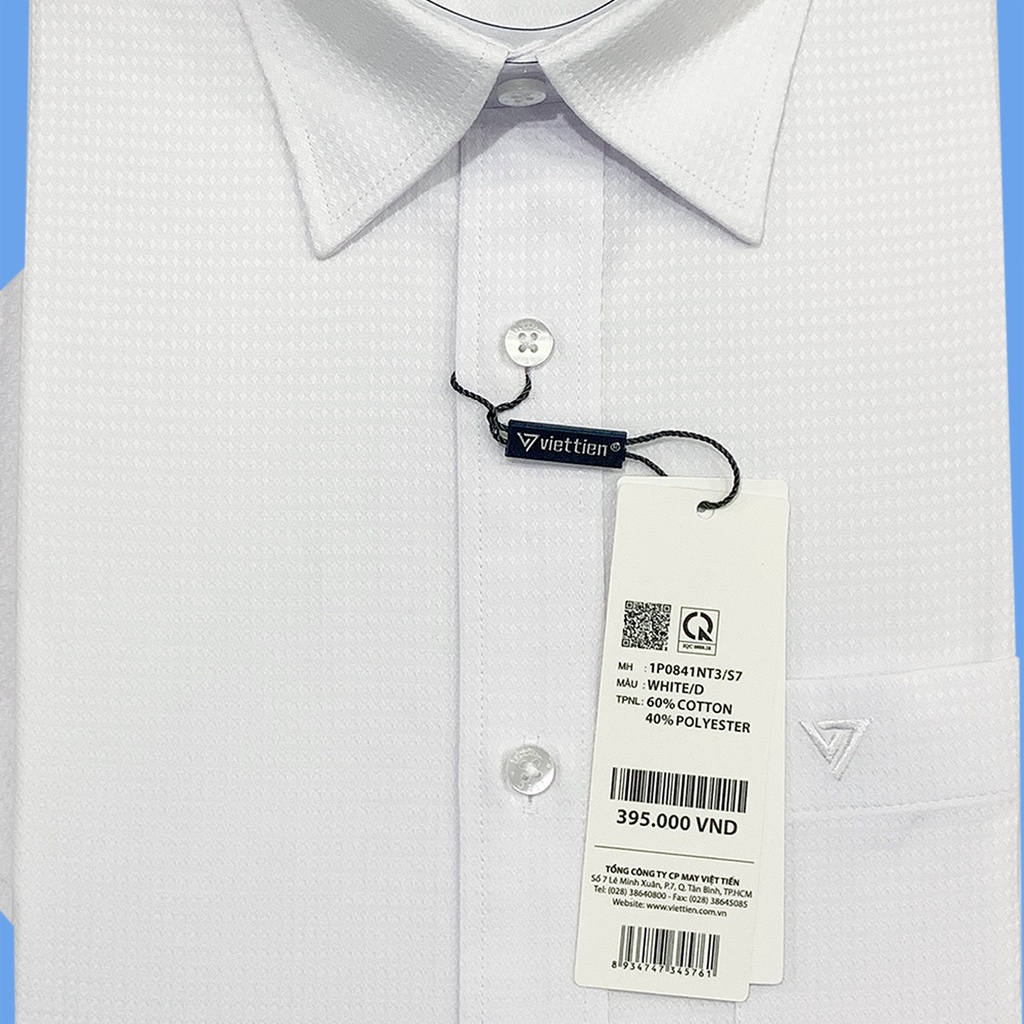 Viettien - Áo sơ mi nam ngắn tay màu trắng điểm nổi vạt bầu 1P0841 regular