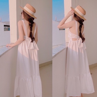 Đầm Maxi Trắng Đi Biển Hai Dây Có Lót Trong Cột Nơ Sau Lưng- Mẫu Hot Trend 2021