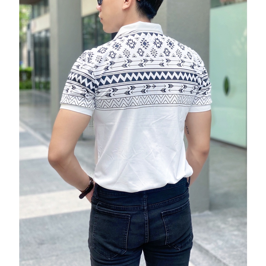 Áo thun POLO trắng in hoa văn Form slimfit ôm