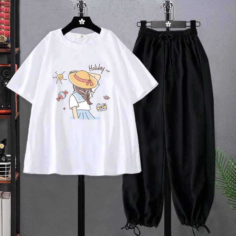Sét Áo Holiday + quần bom chun, Áo thun from rộng, Chất đẹp không xù, quần suông ống rộng, Sét bộ mặc ở nhà - MODY