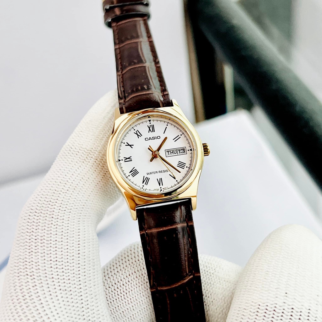 Đồng hồ nam nữ dây da Casio V006GL-7B Mặt trắng viềng vàng - Kính khoáng chống nước Bảo hành 1 năm Hyma watch